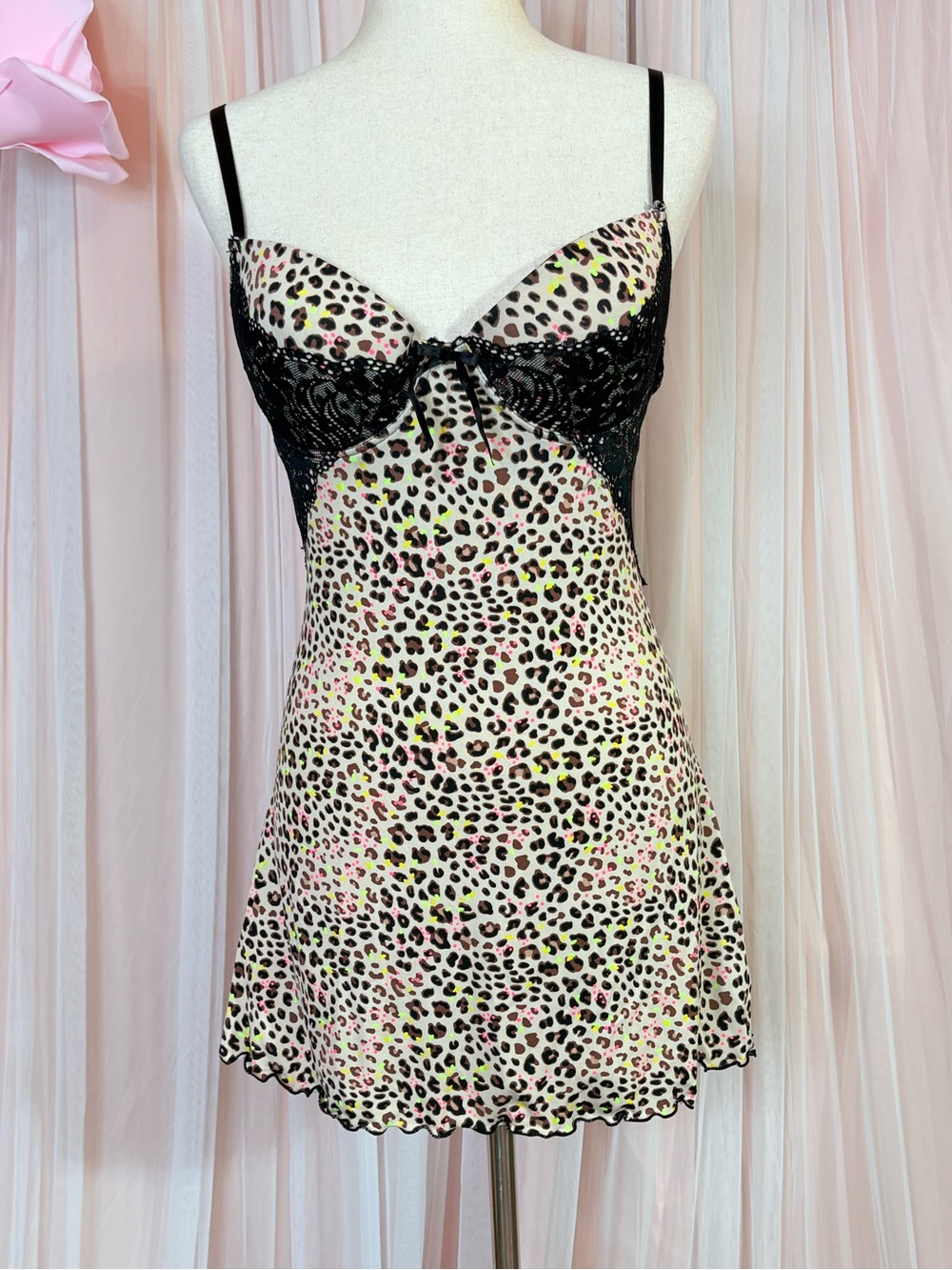 Sophie B Leopard Print Chemise Size L Black Lace Neon Y2K Lingerie Slip